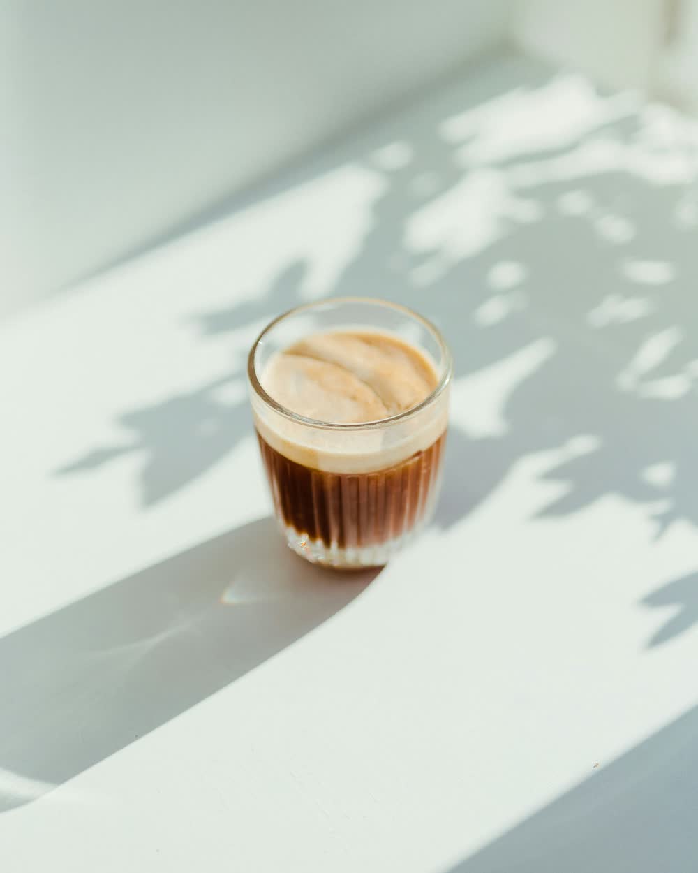 A cortado in a small glass in morning sunlight