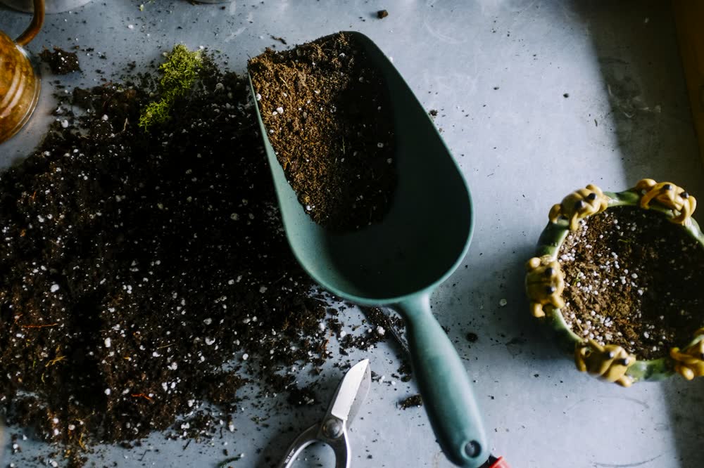 Garden trowel in fresh soil